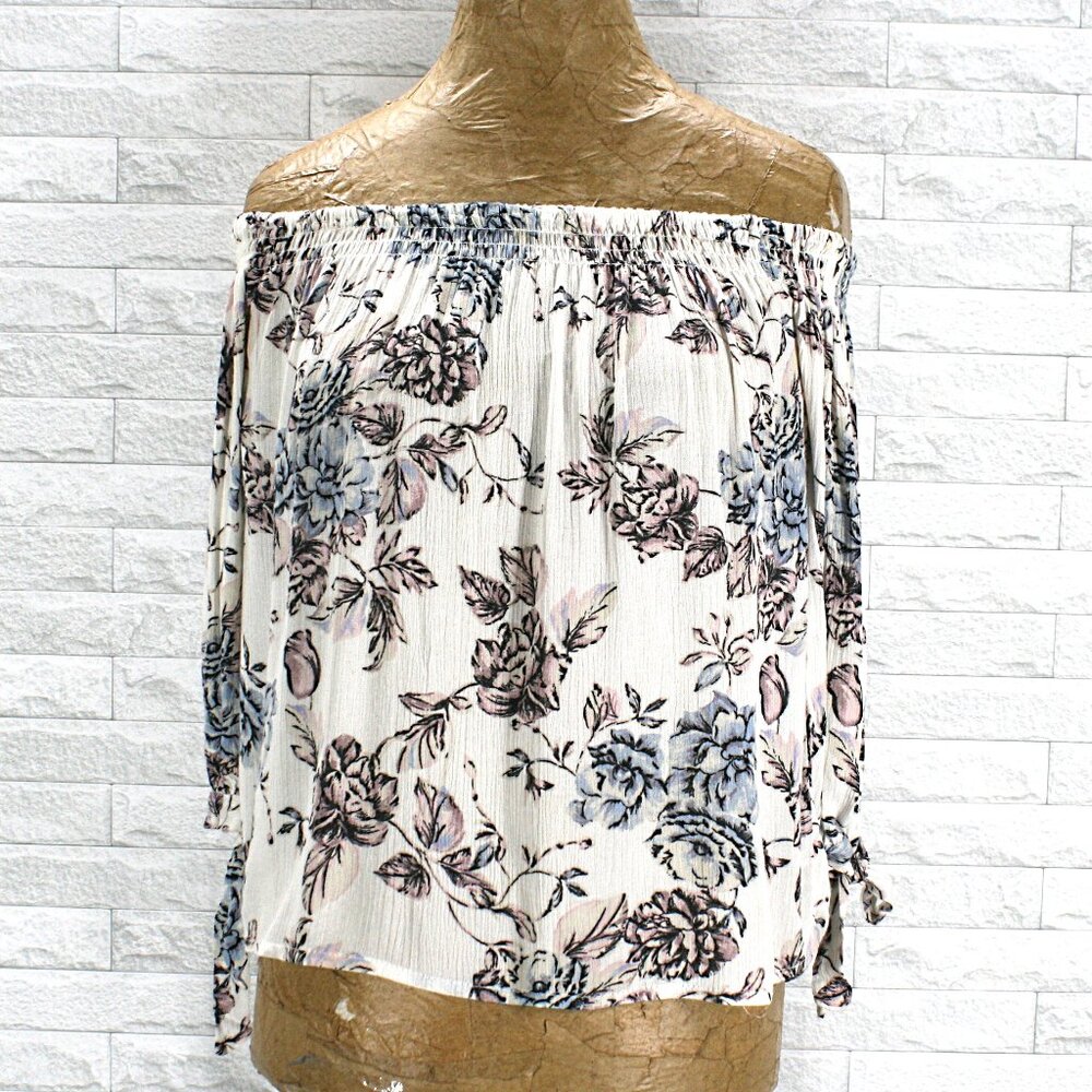 ONE CLOTHING Blouse Off Shoulder Oversized Floral Gauze Fall Crop Top X-Small